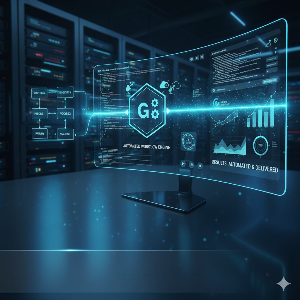 A computer monitor displaying a holographic interface with data charts, graphs, and a central icon labeled 'G' for an automated workflow engine, in a server room.