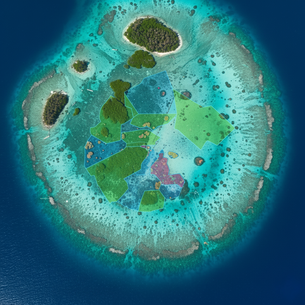 Aerial view of an atoll with a series of small islands and coral reefs, with colored overlays highlighting certain sections.