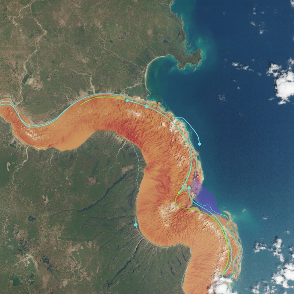 Satellite image shows a volcanic eruption with a large ash plume extending over land and ocean. The eruption's ash cloud is bright orange, and there are flow lines indicating the ash dispersal directions.