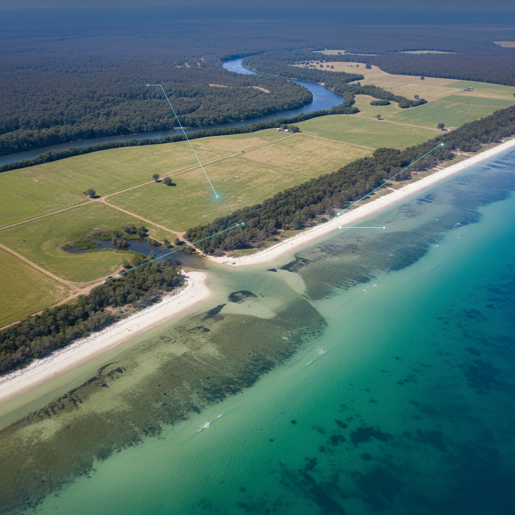 Aerial view of a coastline with a sandy beach, shallow waters, green fields, and dense forests, with labeled points indicating specific locations or features.