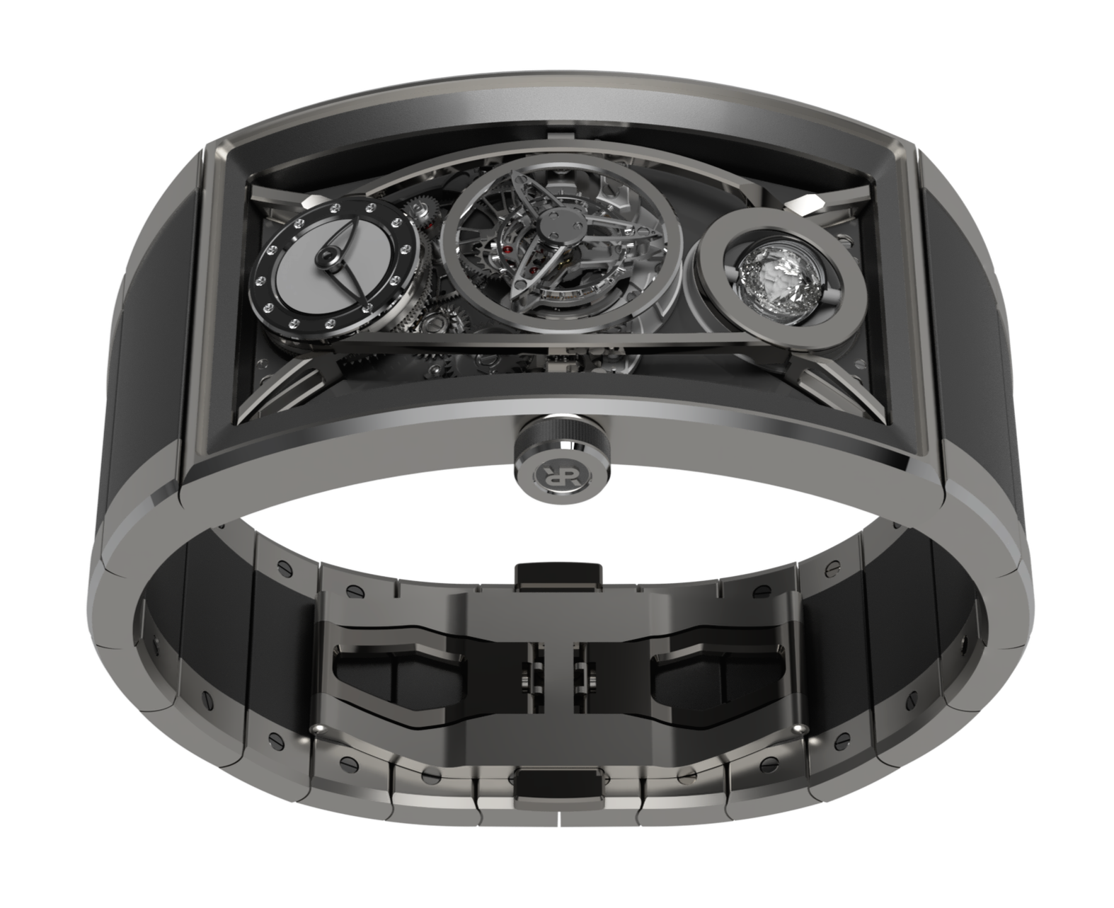 A luxury wristwatch with a skeletonized dial, showing intricate internal gears and mechanisms, with a metal band.