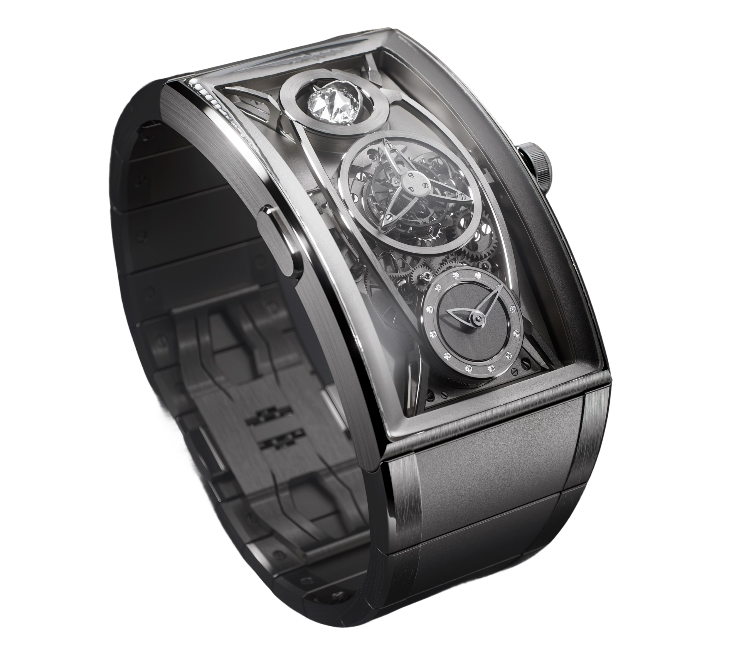 Luxury silver wristwatch with a transparent face, showcasing its intricate mechanical gears and design.