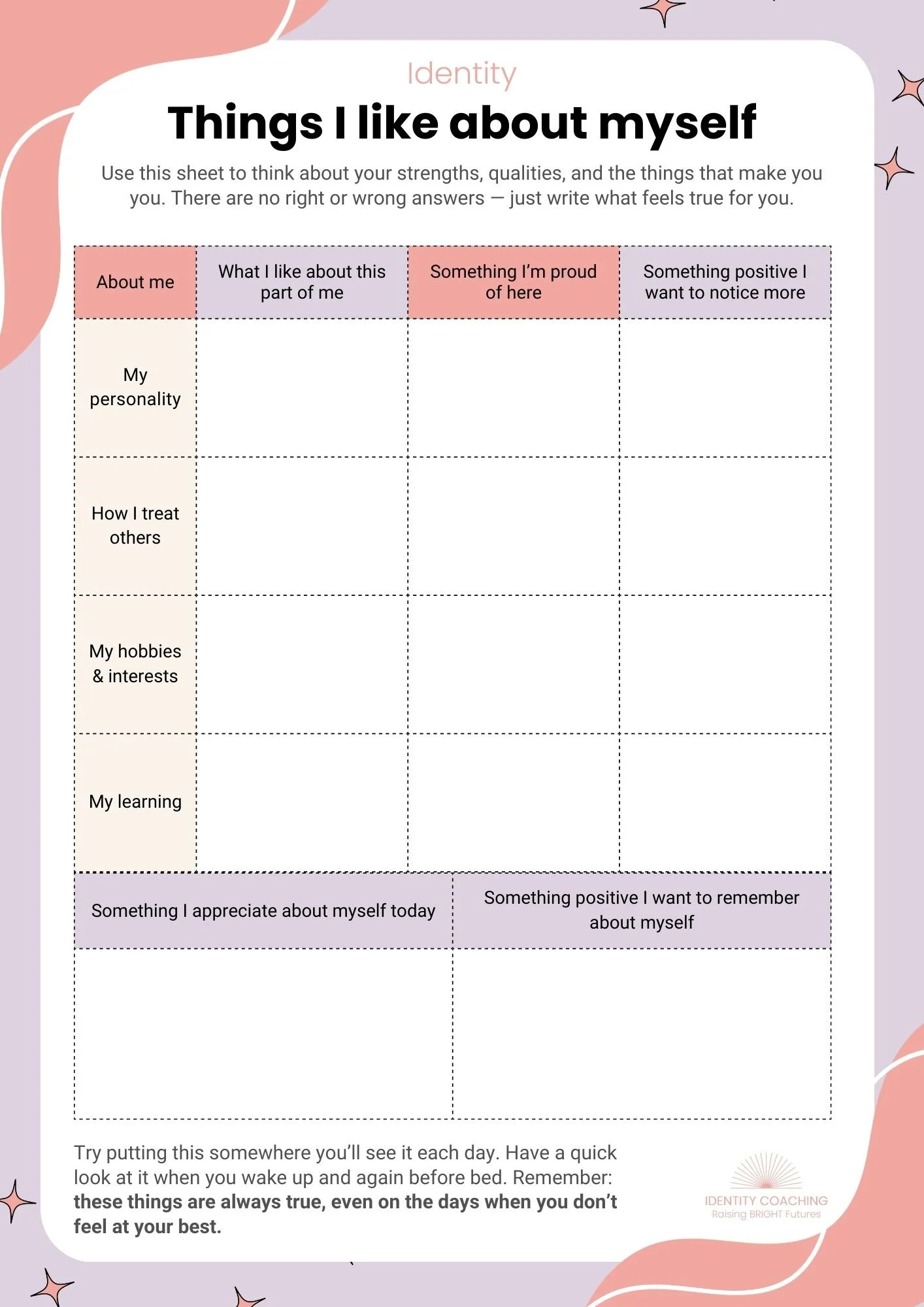 Things I Like About Myself – Confidence Starter Sheet