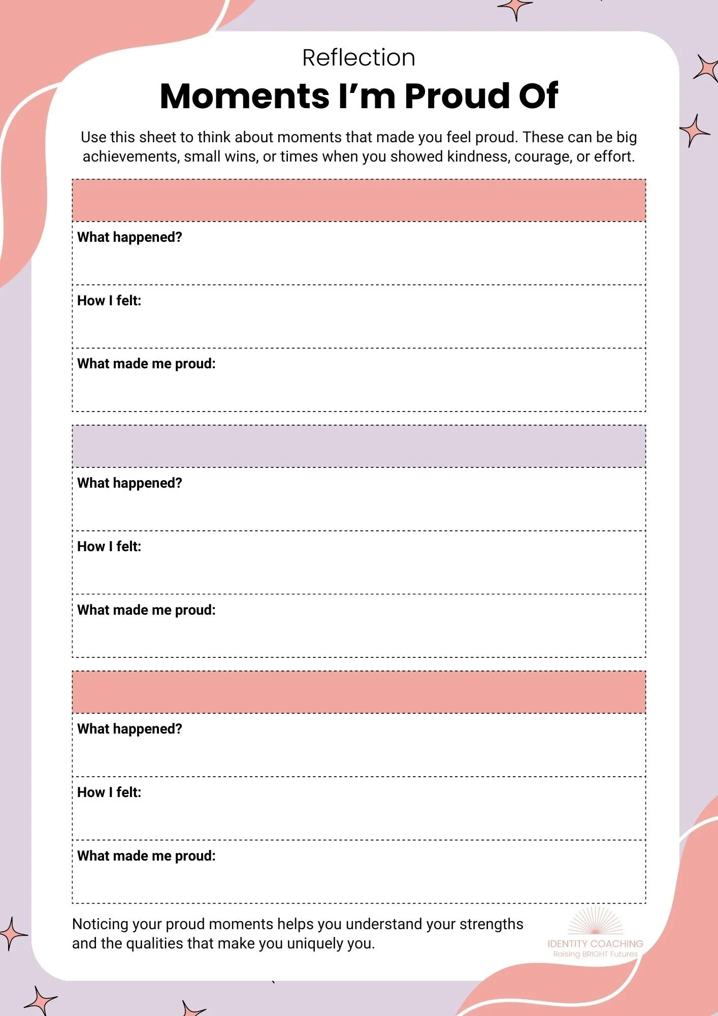 Moments I'm Proud of - Reflection Sheet