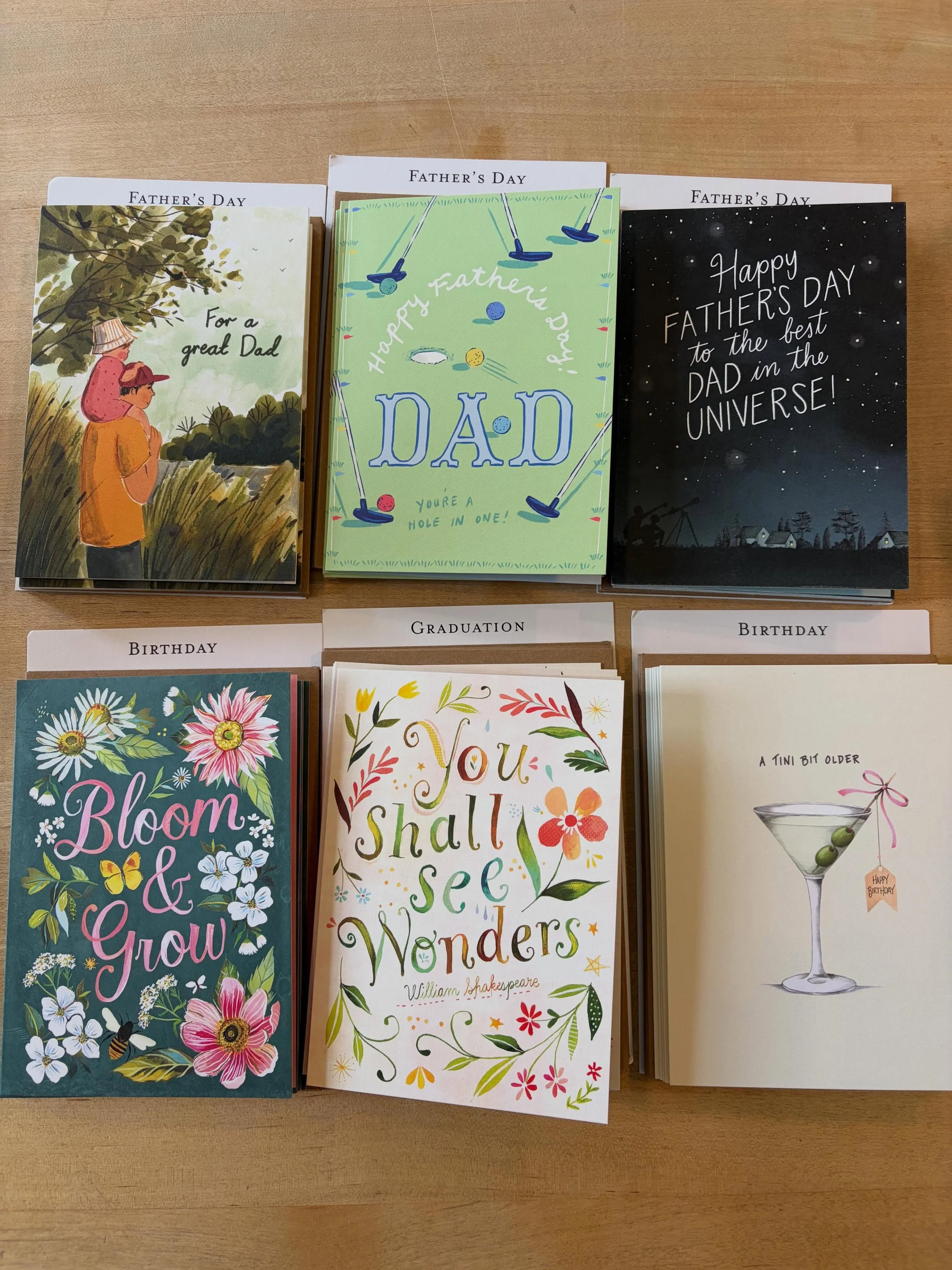 New cards in stock today including a few Father&rsquo;s Day cards and new graduation card!! We&rsquo;re here 10-6!