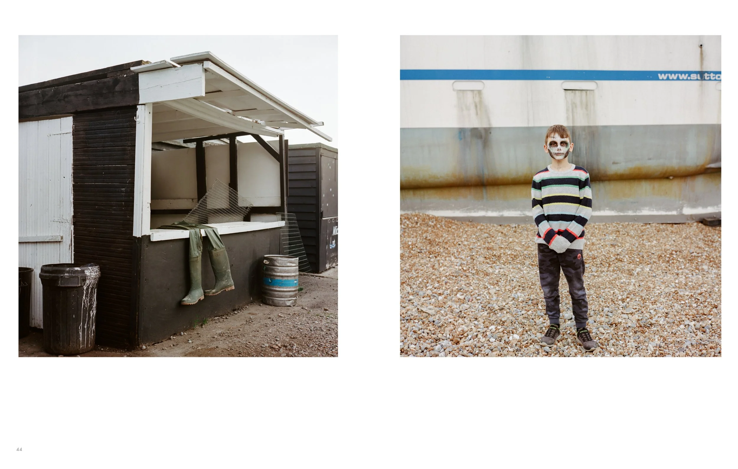 A pair of photographs. The first shows a worn outdoor kiosk or stand with black and white panels, dirty surfaces, and items like rubber boots, barrels, and wire mesh. The second features a young boy with face paint resembling a skull, wearing a multi