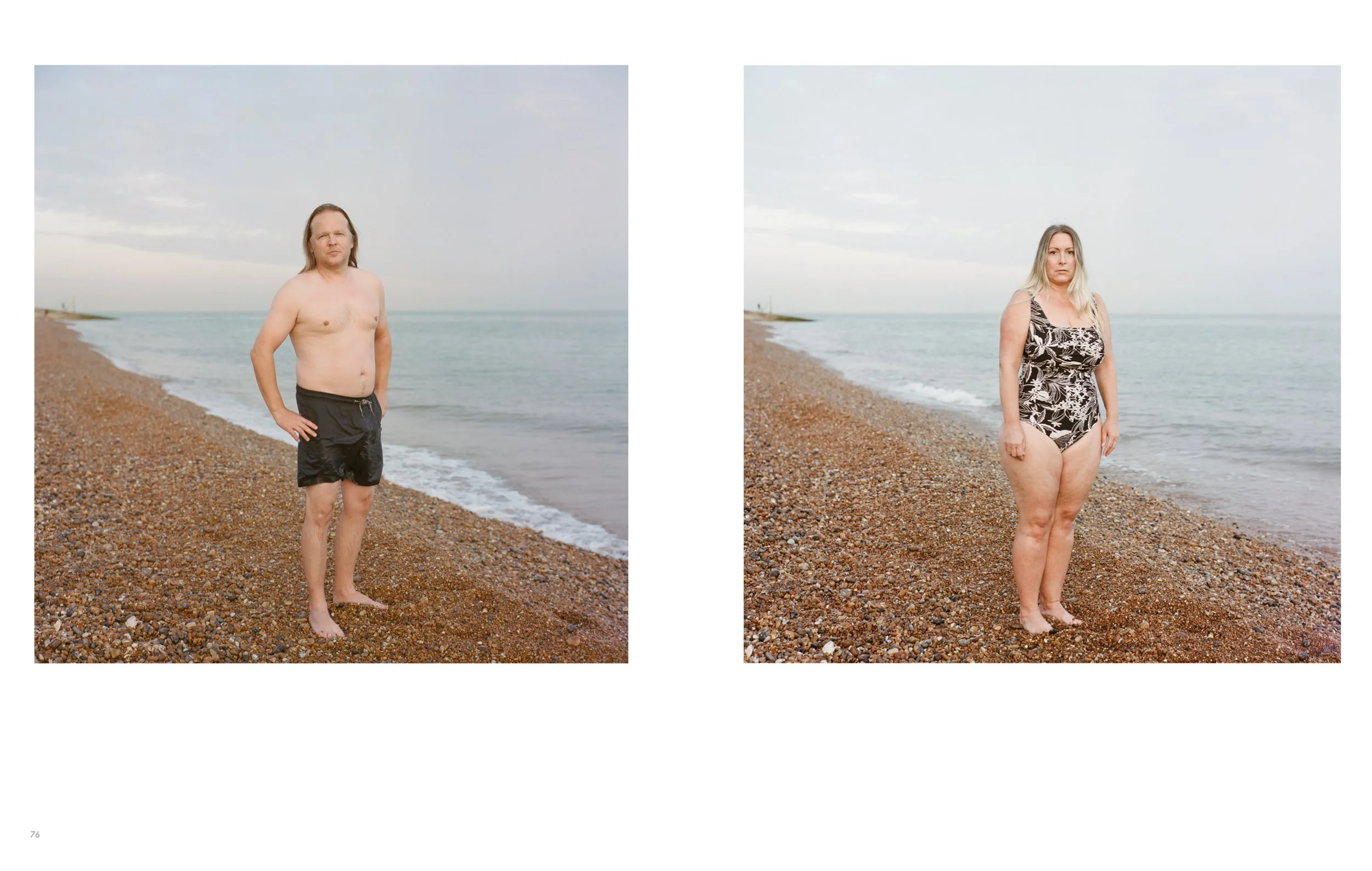 A split image of a man and a woman standing on a pebble beach near the ocean, with the man shirtless and the woman wearing a black and white floral swimsuit.