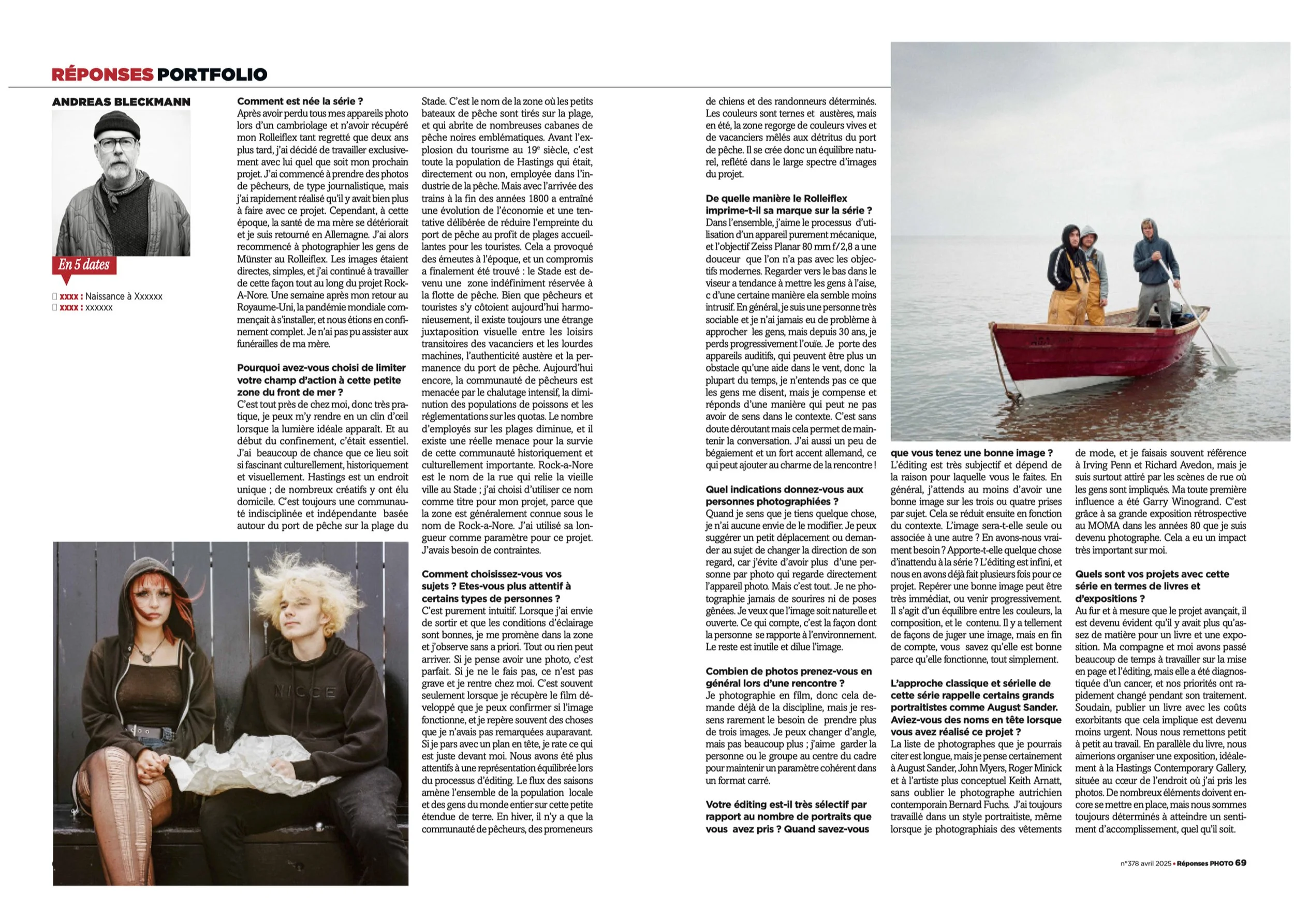 Magazine layout with text and images, featuring a man in a hat and glasses, two people on a bench, and two fishermen in a red boat on water.