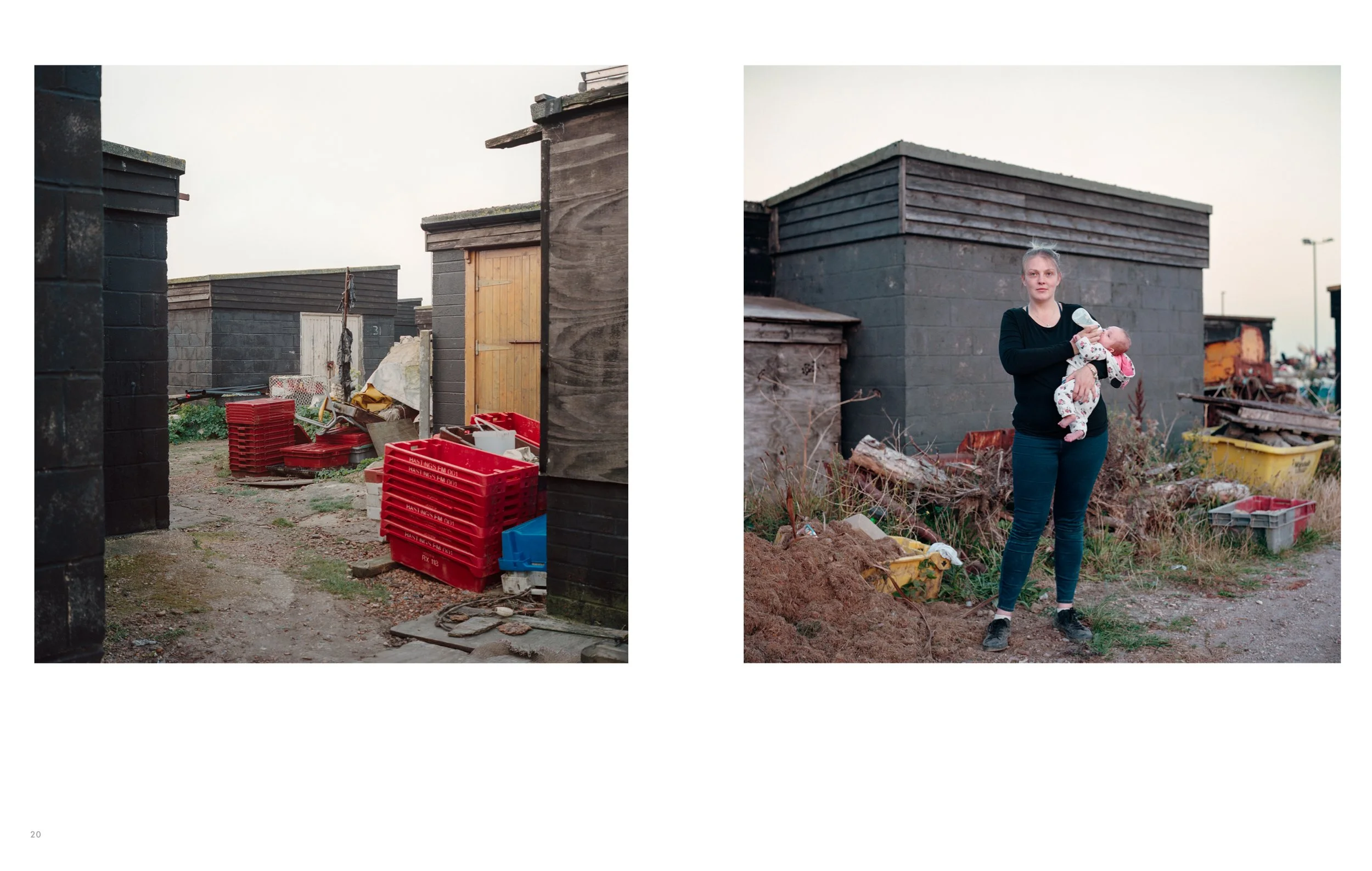 Side-by-side photographs of an outdoor area. The left image shows a cluttered backyard space with red crates, various objects, and small sheds or storage units made of wood and concrete blocks. The right image features a young woman standing outdoors