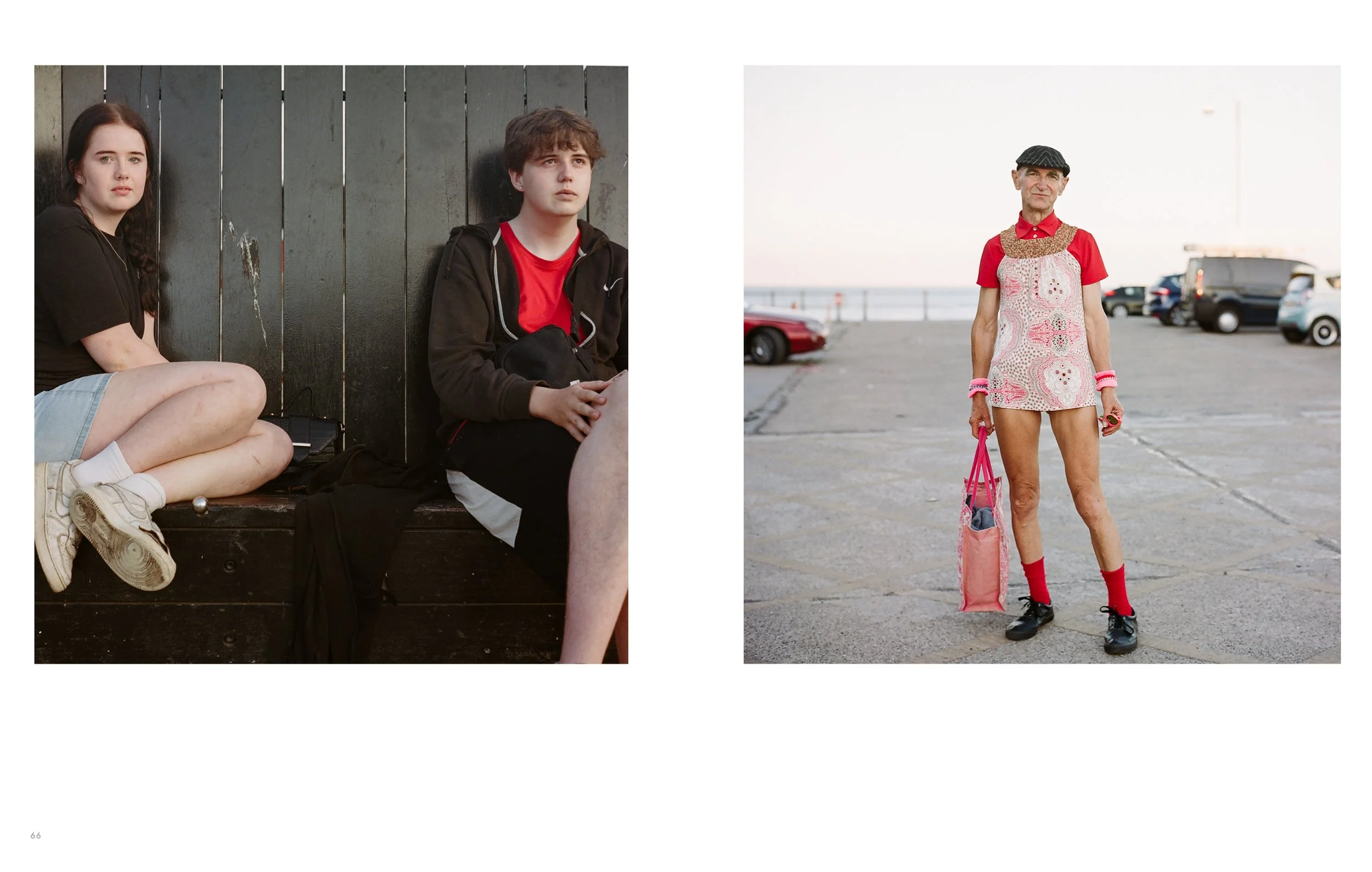 A collage of two photographs. The left photo shows a young woman with long brown hair sitting on the ground with her back against a black wooden fence, wearing a black t-shirt and shorts, and an older teenage boy with curly brown hair sitting beside 