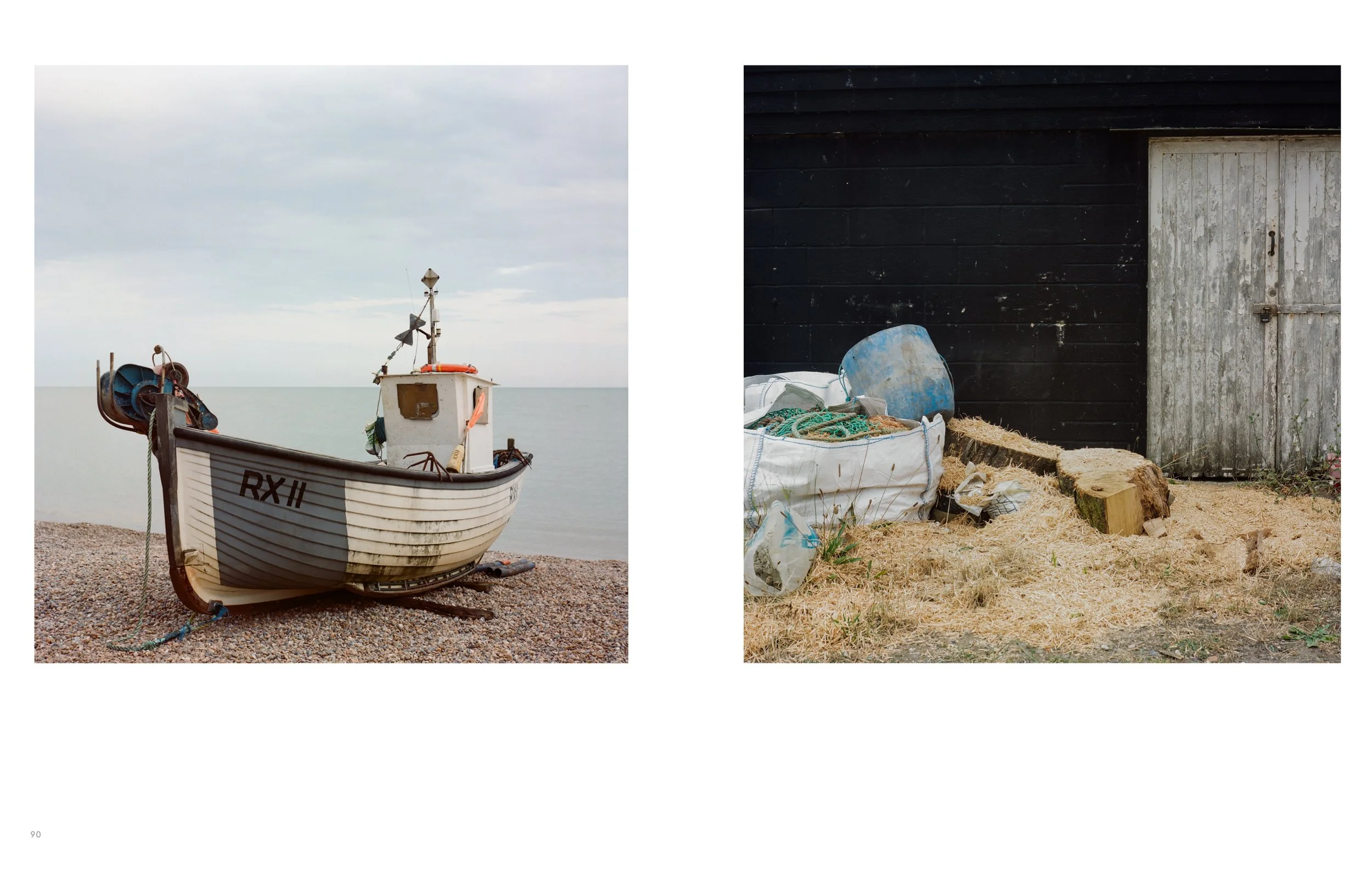 A side-by-side comparison of two scenes: the left features a small white boat on a pebbled beach with a cloudy sky and calm water in the background, while the right shows a weathered black wooden shed with a white door, surrounded by a bag, a bucket,