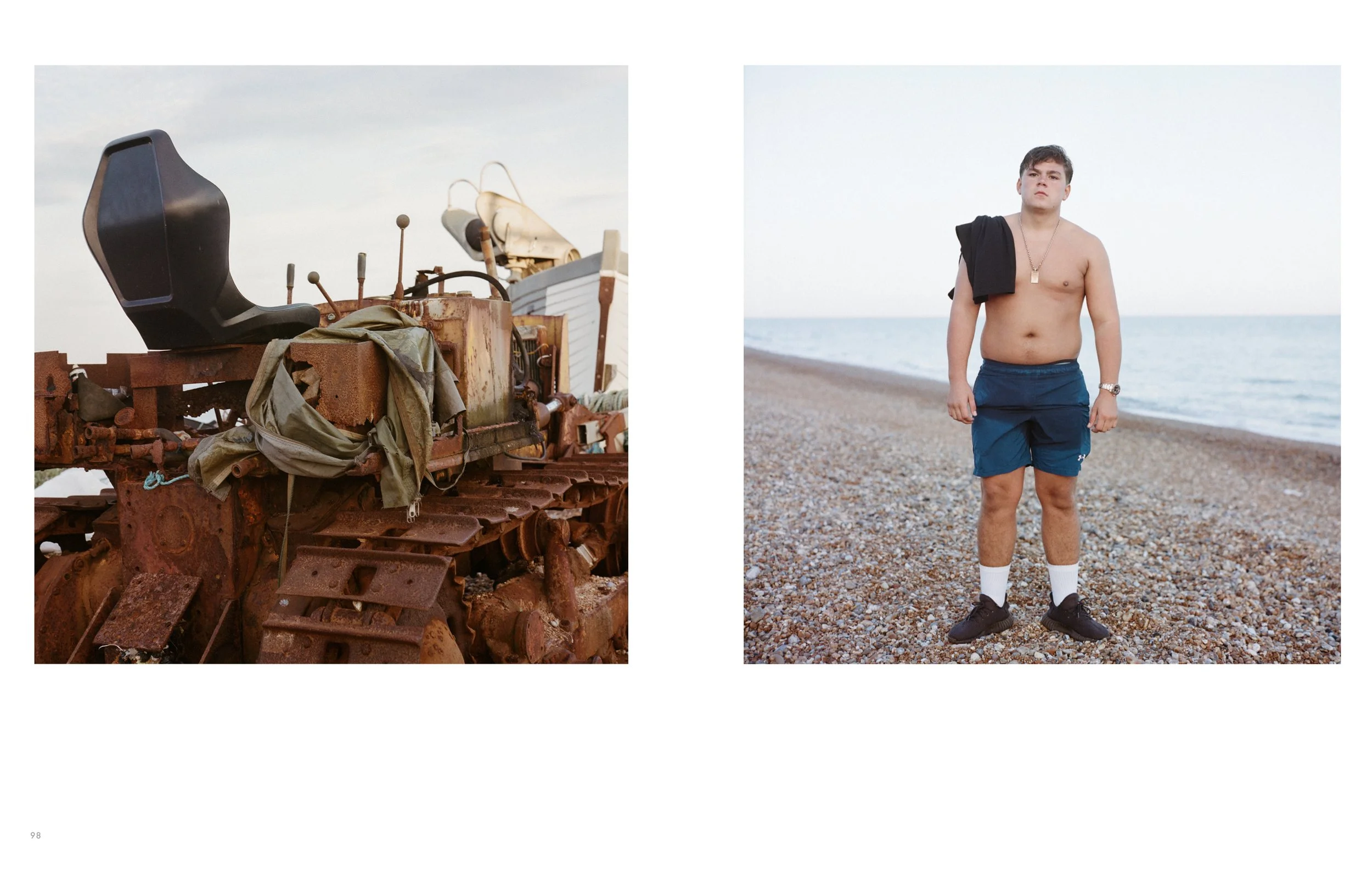 Side-by-side images of a rusty tractor frame on a beach and a young man shirtless on the beach, wearing shorts and sneakers.