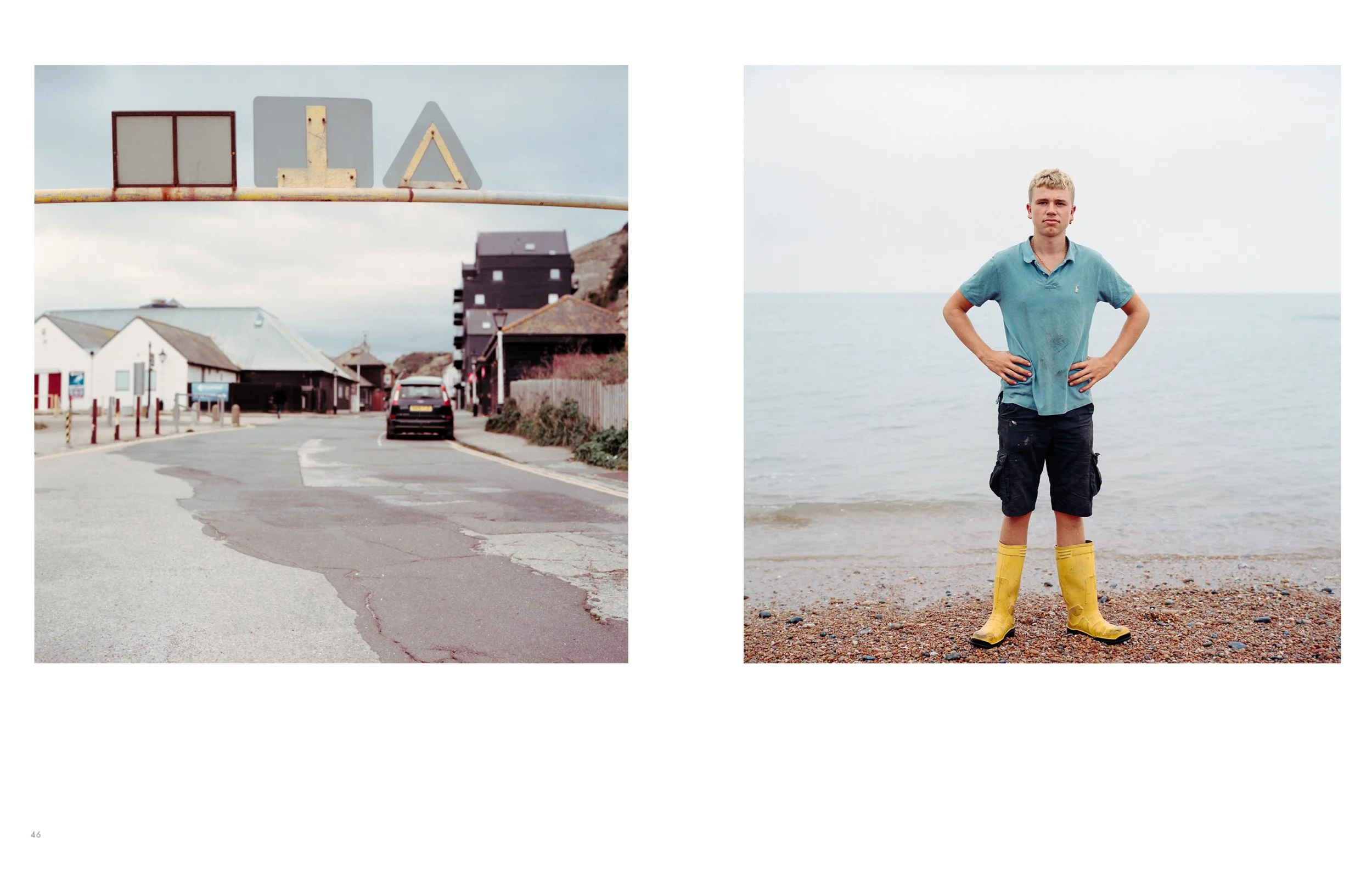 The left side shows a street scene with buildings, parked cars, and road signs, while the right side features a young man standing on a beach wearing yellow rain boots with the ocean in the background.