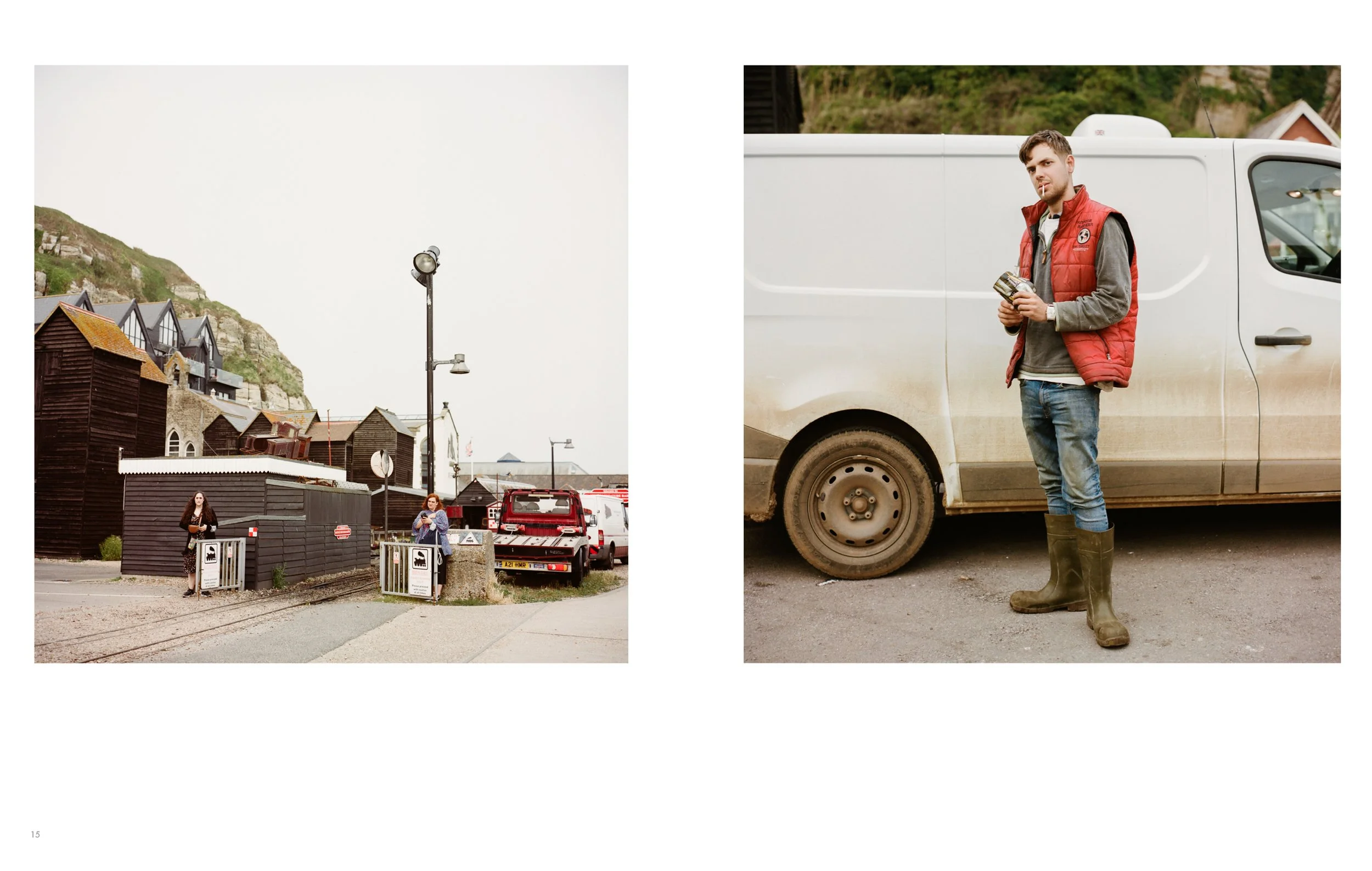 Two photos side by side. The left photo depicts a street scene with pedestrians, buildings, and a parked vehicle, under an overcast sky. The right photo shows a young man standing outdoors next to a large white delivery van, wearing rubber boots, a g