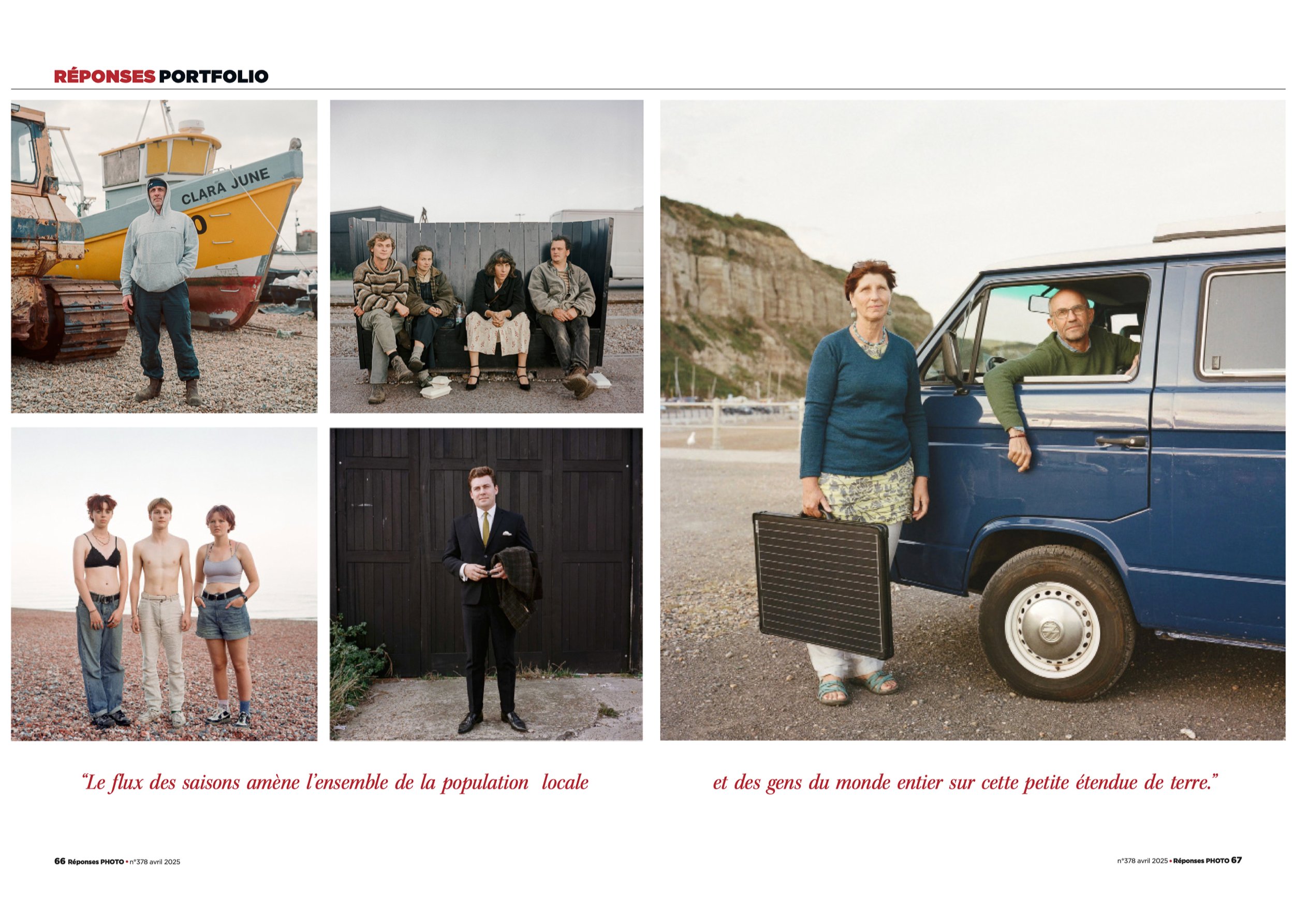 Collage of portraits featuring various people in different settings, including a person with a boat named 'Clara June,' a group of four sitting on a bench, a couple near a blue van, three individuals standing on a beach, and a man in a suit. Text in French is written at the bottom.