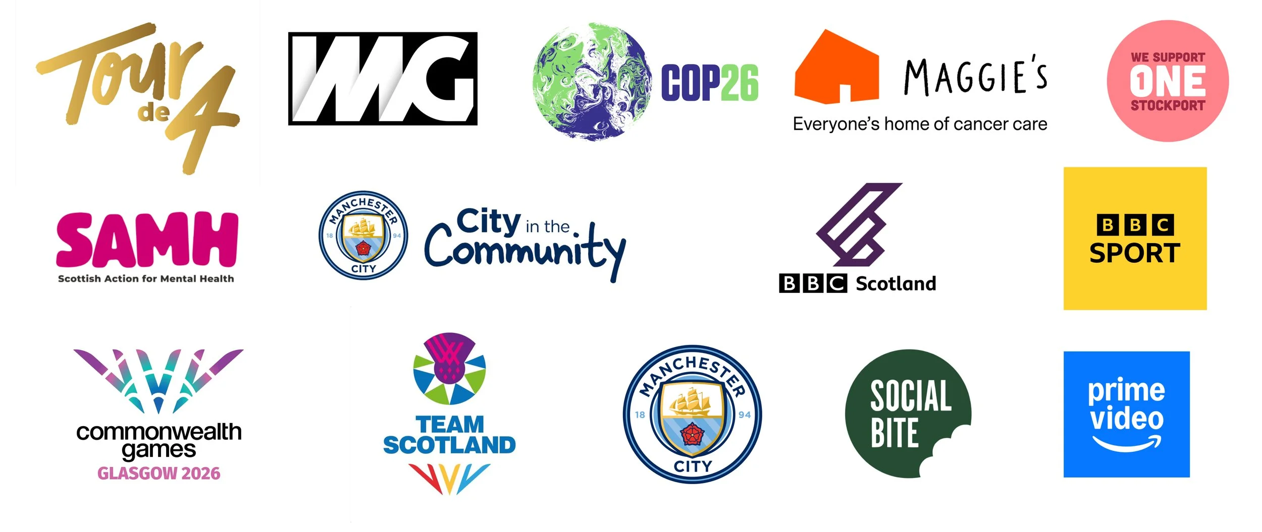 Collection of logos for various organizations, events, and media including Tour de 4, WMG, COP26, Maggie's, We Support One Stockport, SAMH, Manchester City, City in the Community, BBC Scotland, BBC Sport, Commonwealth Games Glasgow 2026, Team Scotlan