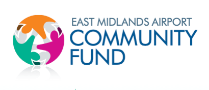 Logo of East Midlands Airport Community Fund featuring multicolored abstract figures forming a circle.