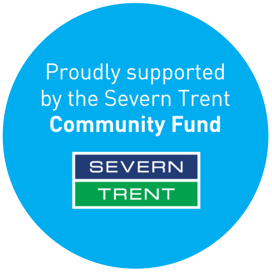 Blue background banner with white text supporting the Severn Trent Community Fund, featuring the Severn Trent logo in blue and green.