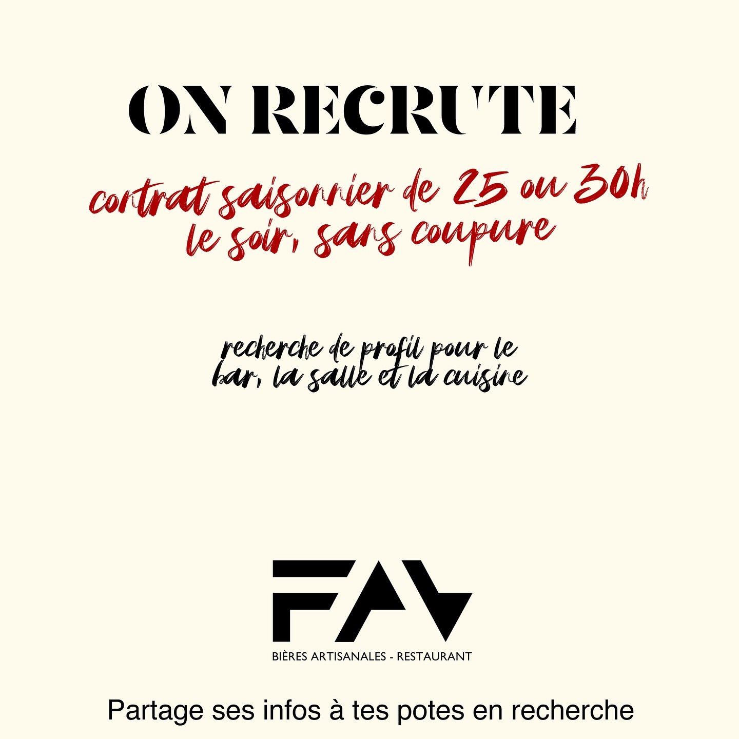 La FAV recrute 🍻🔥
On cherche du renfort pour la saison : bar, salle ou cuisine, on a besoin de toi.
➡️ Contrat de 25 ou 30h, le soir uniquement, sans coupure (le rêve quoi)
Envoie ton CV à : favbrewpub@gmail.com
Et partage à t