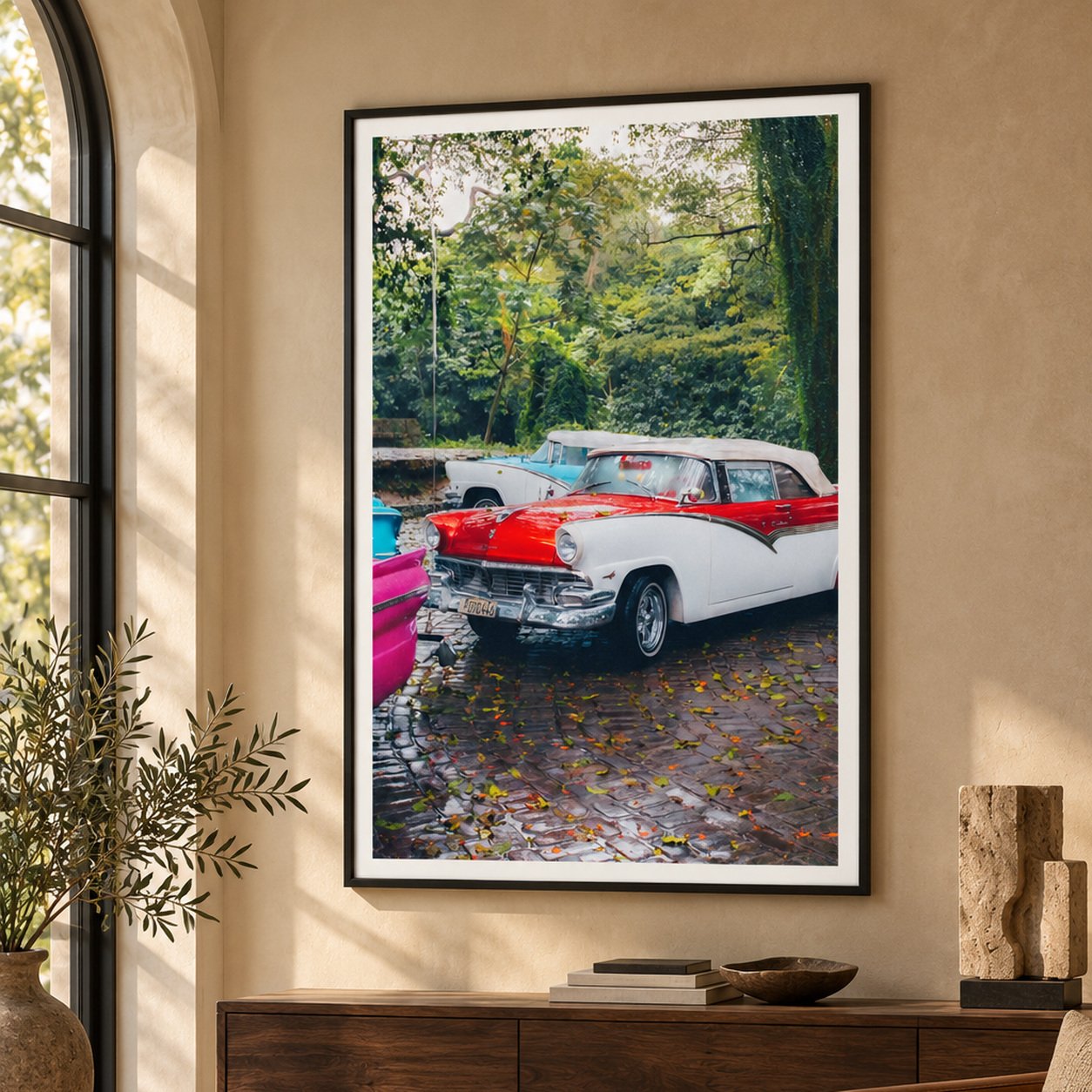 Classic Cars, Cuba 2022 — framed photograph in an elegant interior, concept visualisation.