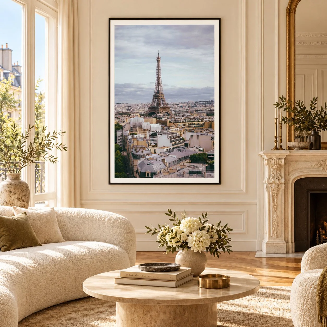 Eiffel Skyline, Paris 2021 — framed photograph displayed in an elegant interior, concept visualisation.