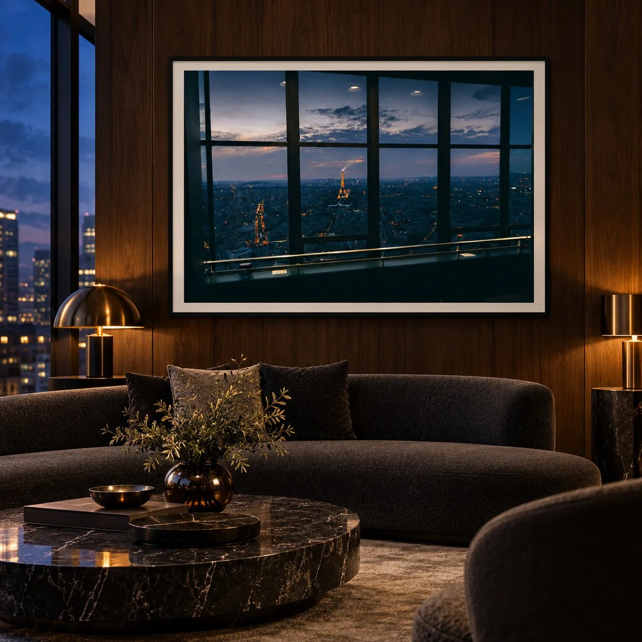 After Dark, Paris 2021 — framed Fine Art photograph in a dark contemporary penthouse at dusk, concept visualisation.