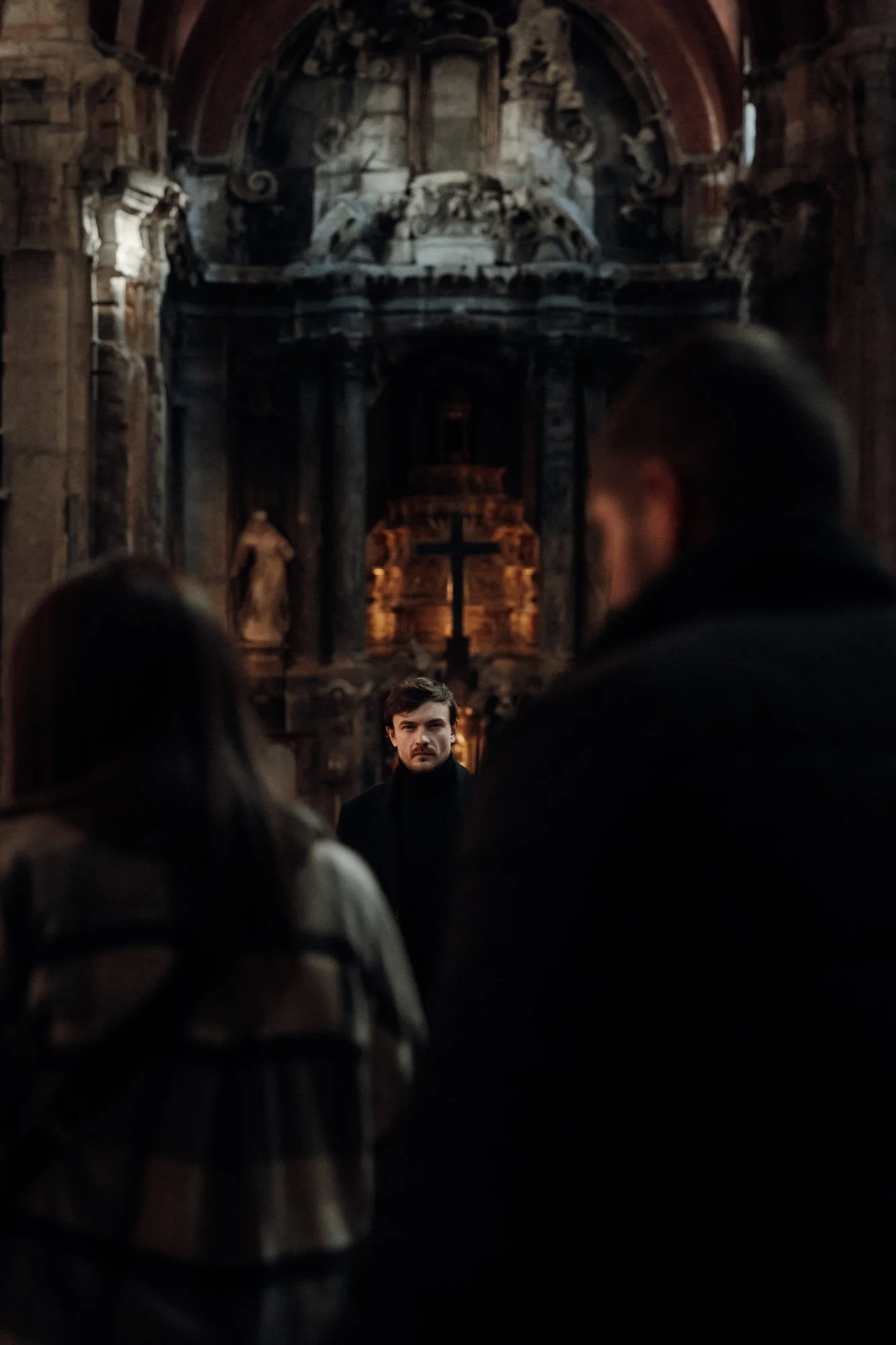 Cinematic portrait of a man in Lisbon inside a church