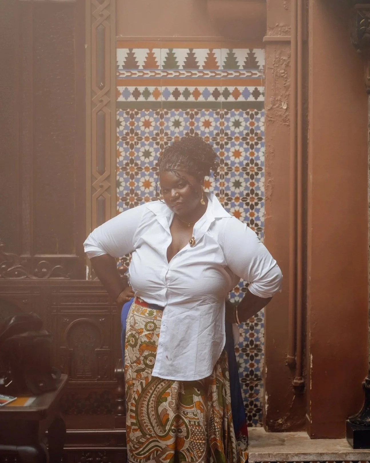 Cinematic portrait of a woman in Lisbon inside a palace