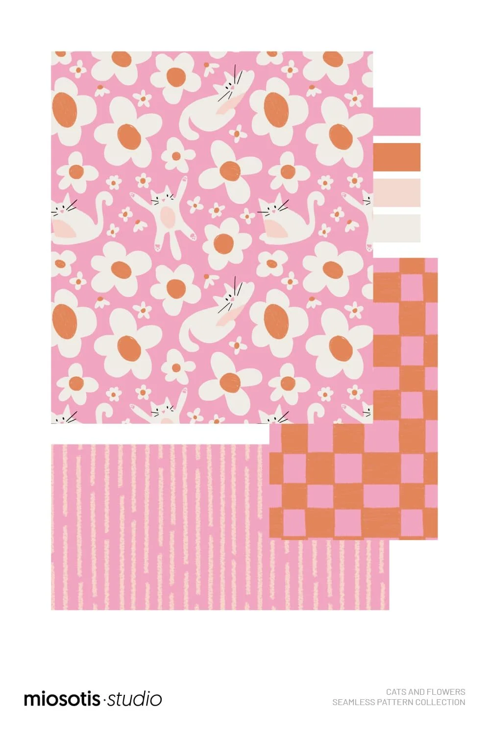 Cats and flowers seamless pattern collection featuring a playful floral cat print, gingham check and hand-drawn stripe pattern.