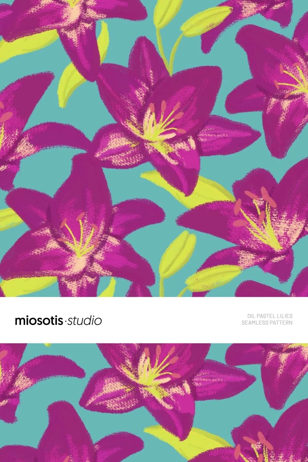 Bold oil pastel lily seamless pattern featuring expressive and colourful lilies on a vibrant turquoise background.