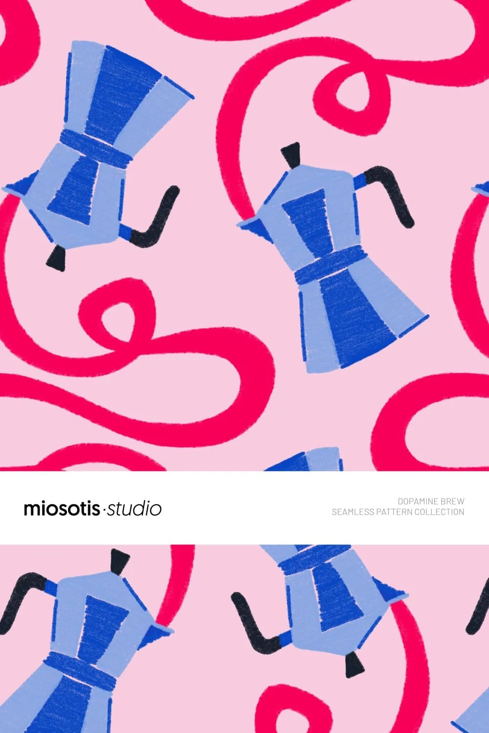 Moka pot pattern with pink steam squiggles on a soft pink background, seamless repeat design.