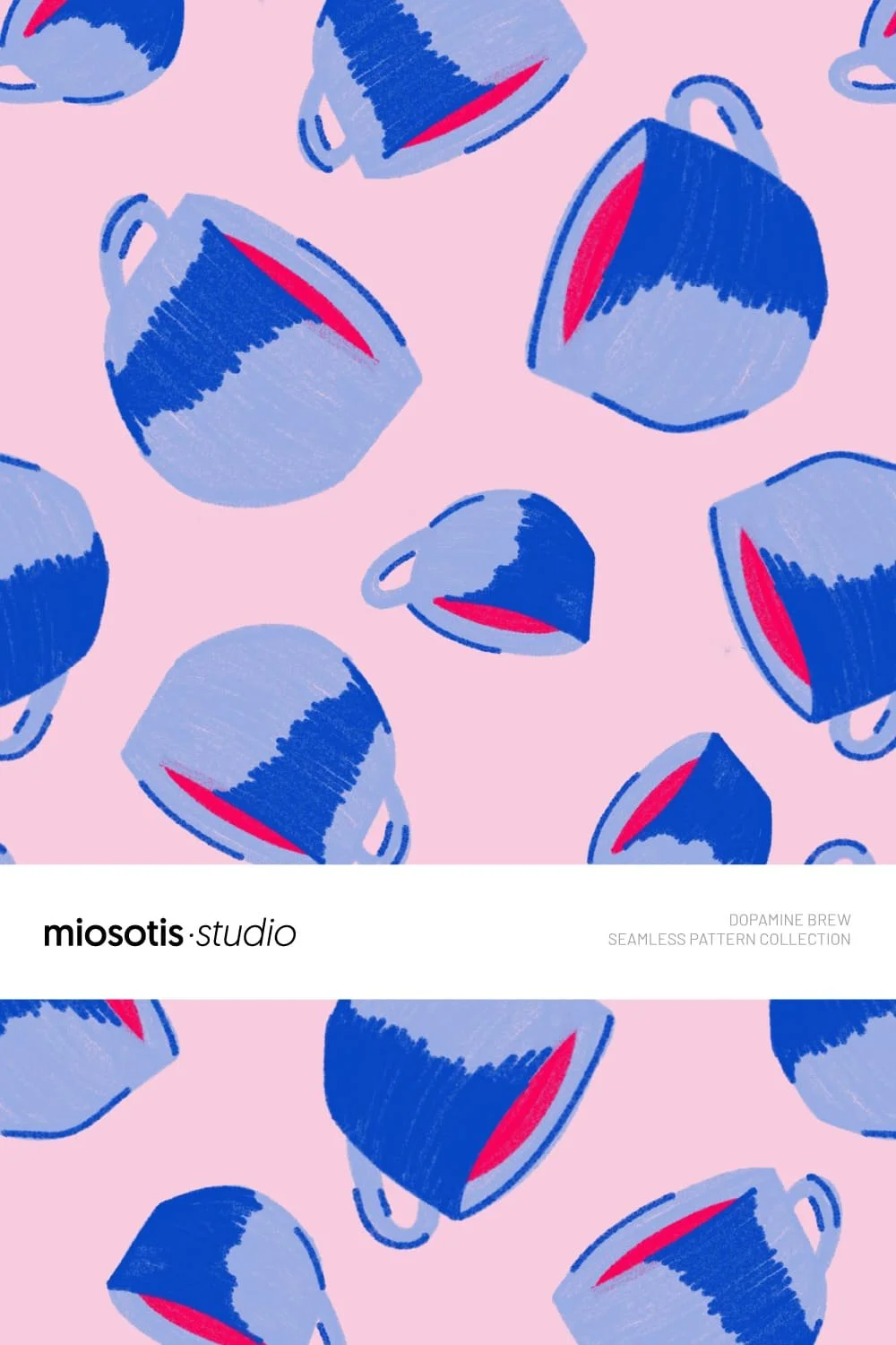 Seamless tumbling coffee mug pattern in soft pink and cobalt blue, hand-drawn maximalist style.