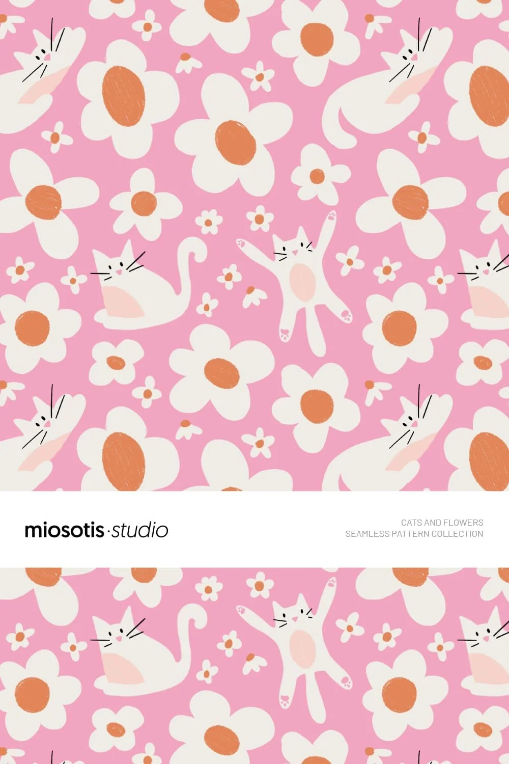 Seamless children’s pattern featuring playful cats and white daisies with orange centres on a soft pink background.