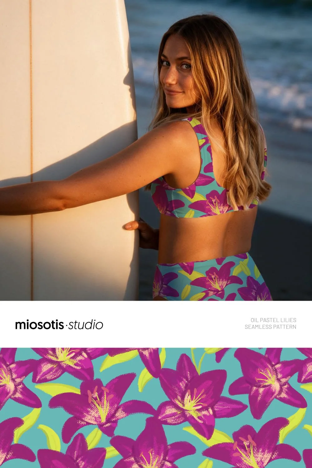 Woman wearing a colourful bikini featuring a bold oil-pastel lily pattern, showcasing the design on swimwear.