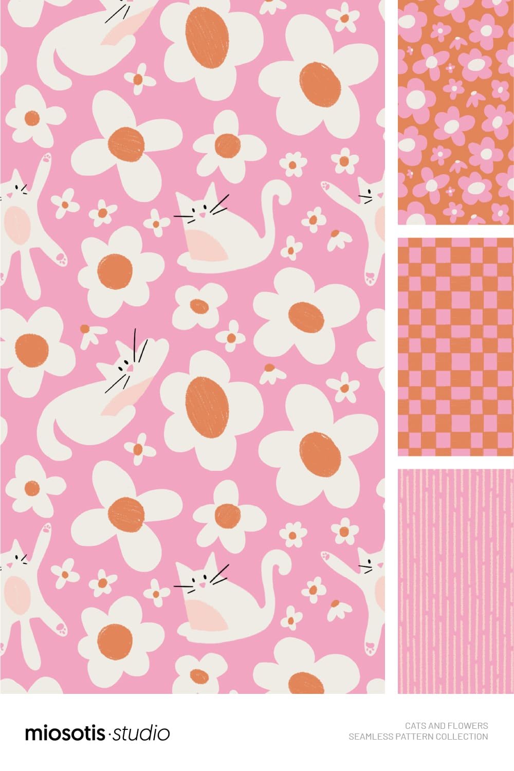 Cats and flowers seamless pattern collection featuring a playful floral cat print, gingham check and hand-drawn stripe pattern.