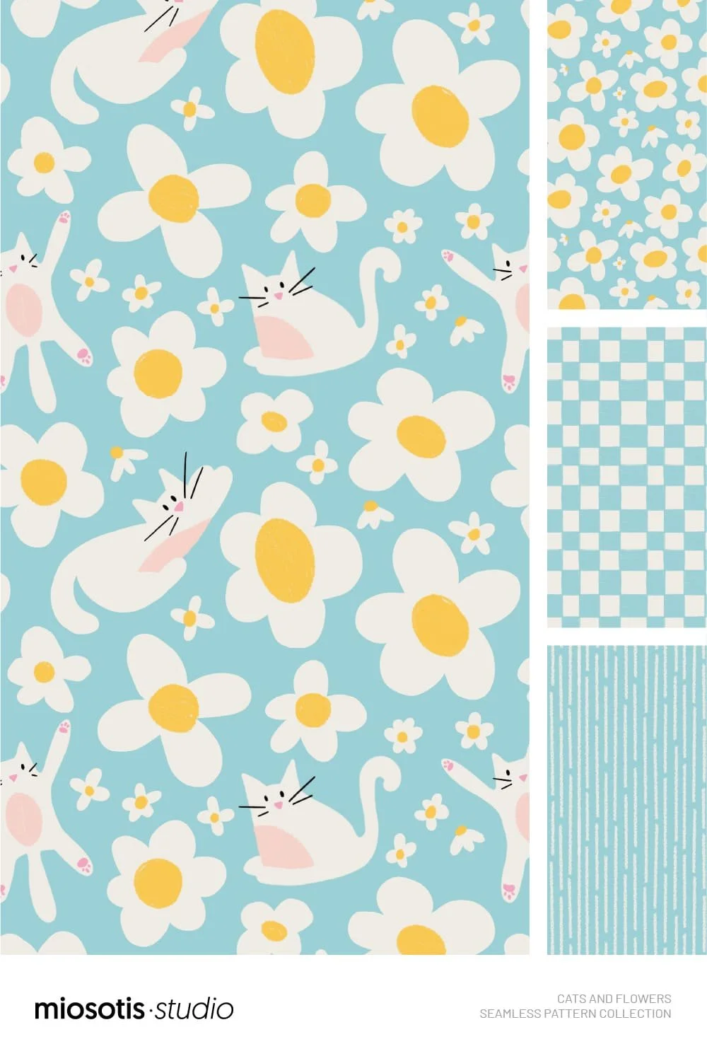 Cats and flowers seamless pattern collection featuring a playful floral cat print, gingham check and hand-drawn stripe pattern.