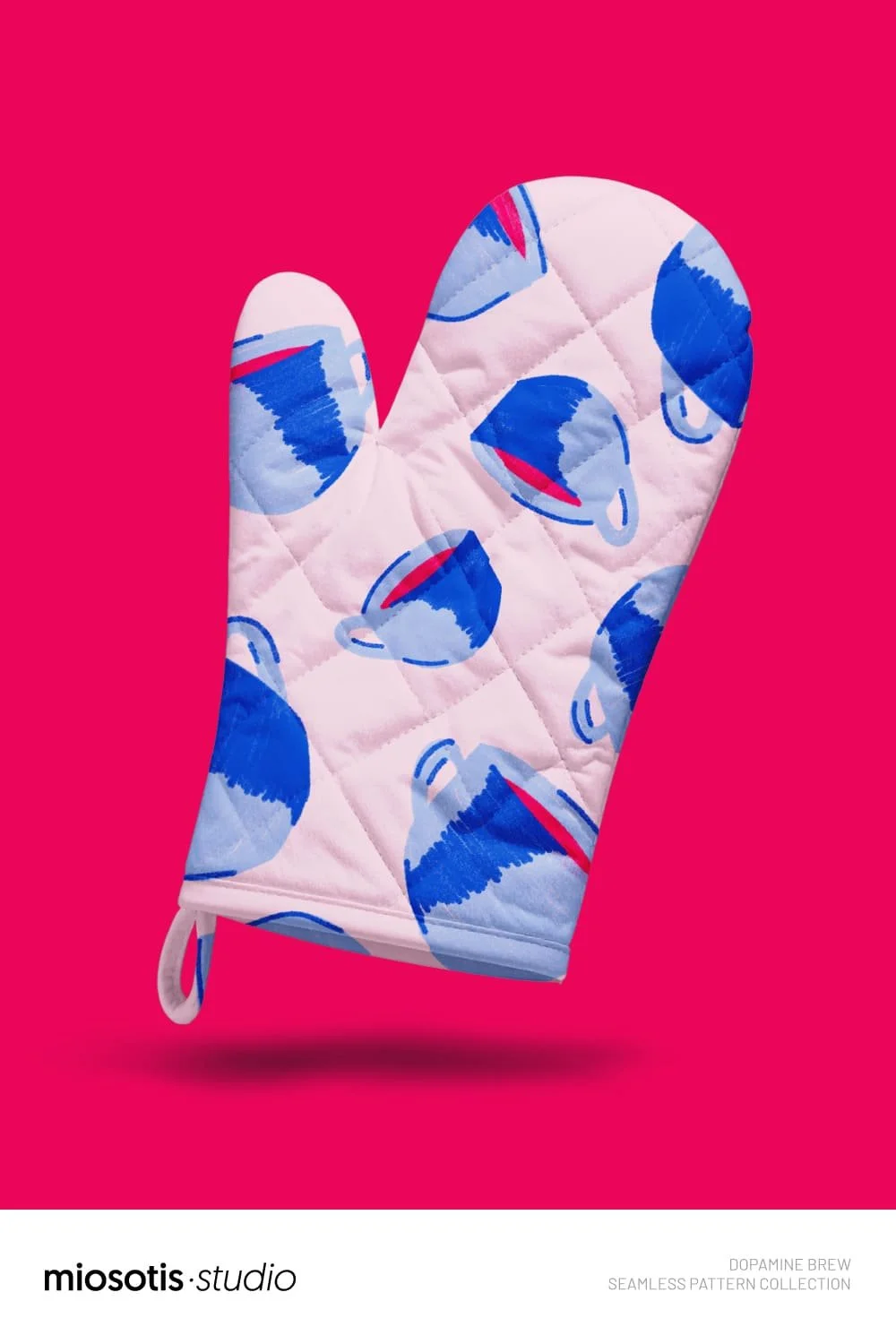 Coffee mug patterned oven mitt in pink and blue on a vibrant background, kitchen textile designs.