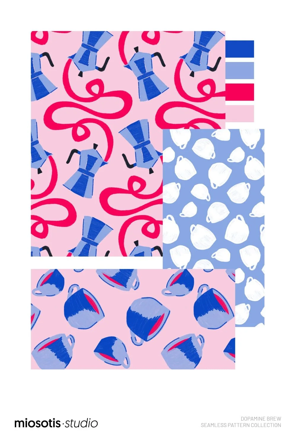 Coffee-themed surface pattern sheet with pink steam motifs, moka pots and matching color swatches.