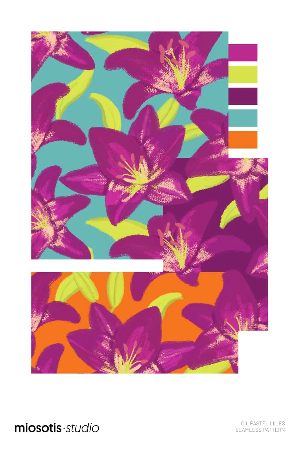 Oil pastel lilies surface pattern collection featuring colourful floral designs in turquoise, orange and violet, with a coordinated colour palette.