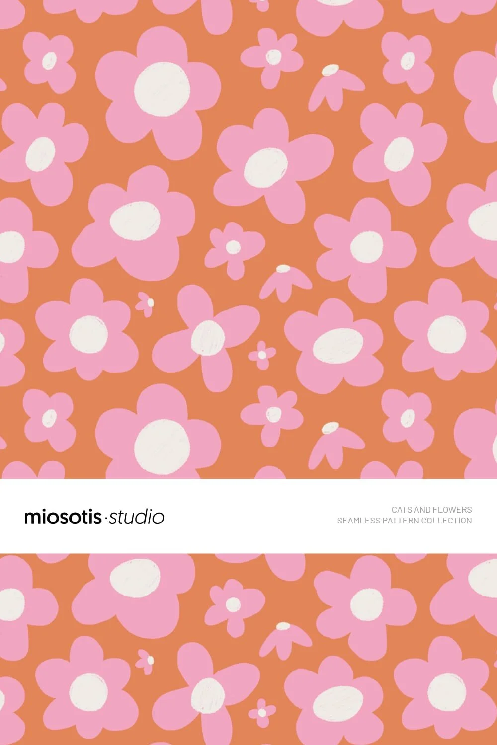 Seamless children’s pattern featuring pink daisies on an orange background.