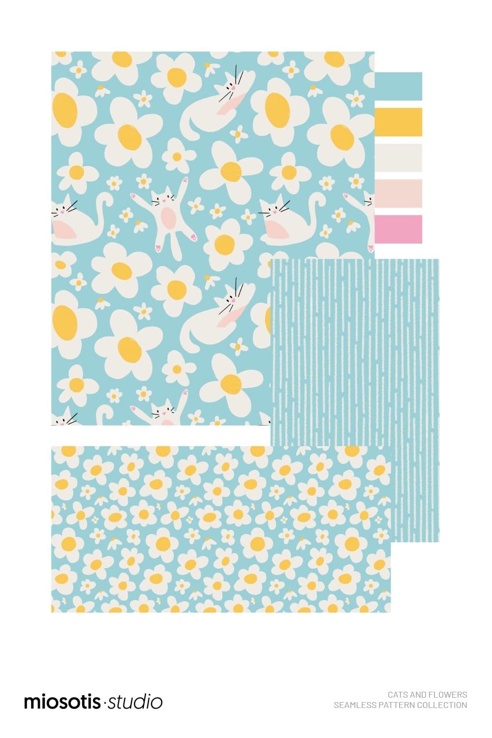 Cats and flowers seamless pattern collection featuring a playful floral cat print, gingham check and hand-drawn stripe pattern.
