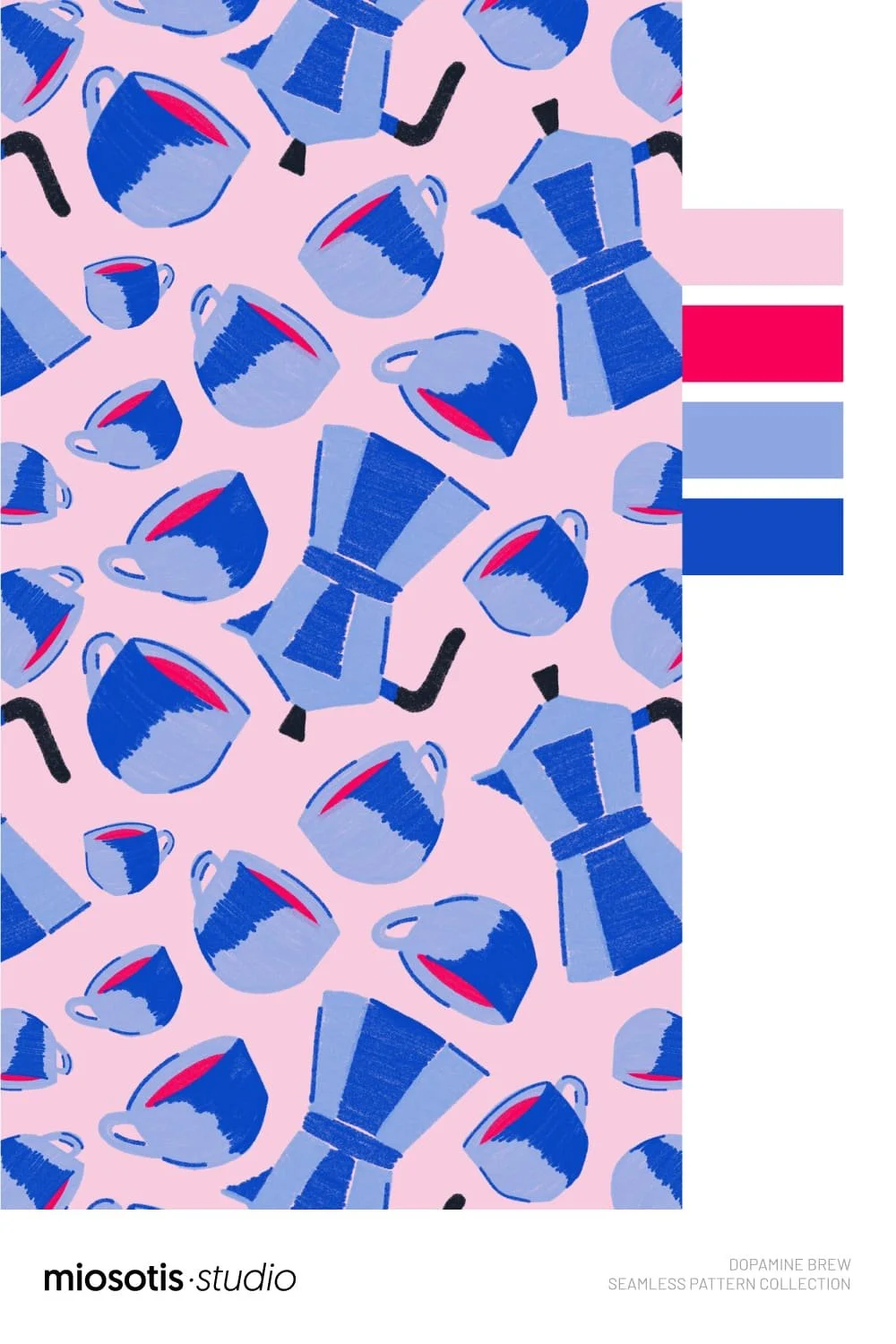 Coffee mug and coffee pot surface pattern in pink with color palette, ready for textile or paper licensing.