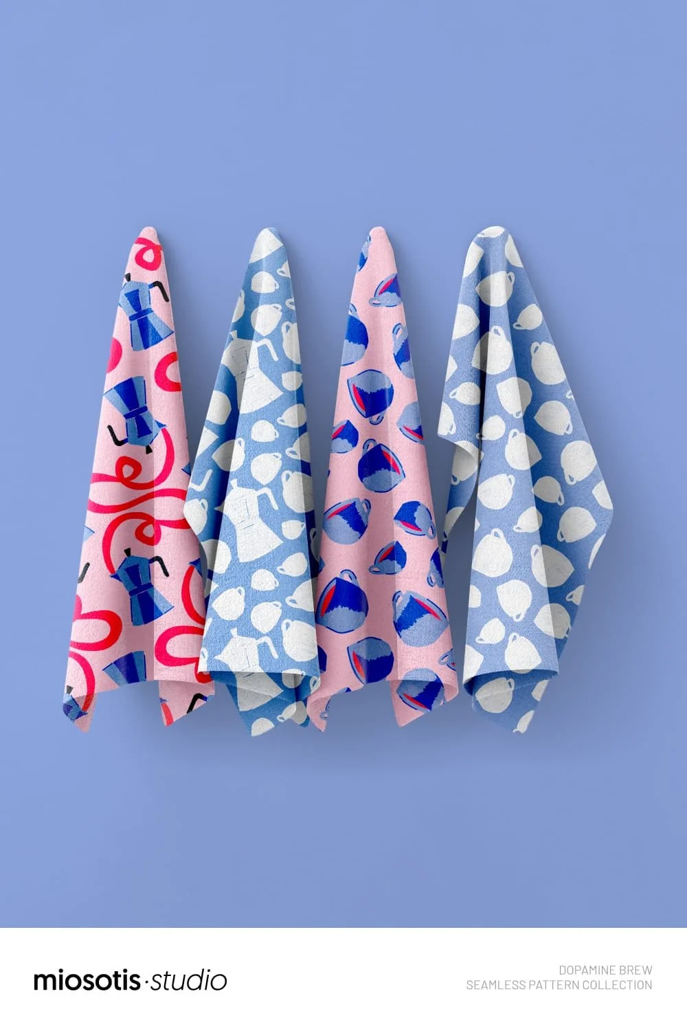 Set of coffee-themed tea towels in pink, blue and white, printed with a bold mug and moka pot surface pattern.