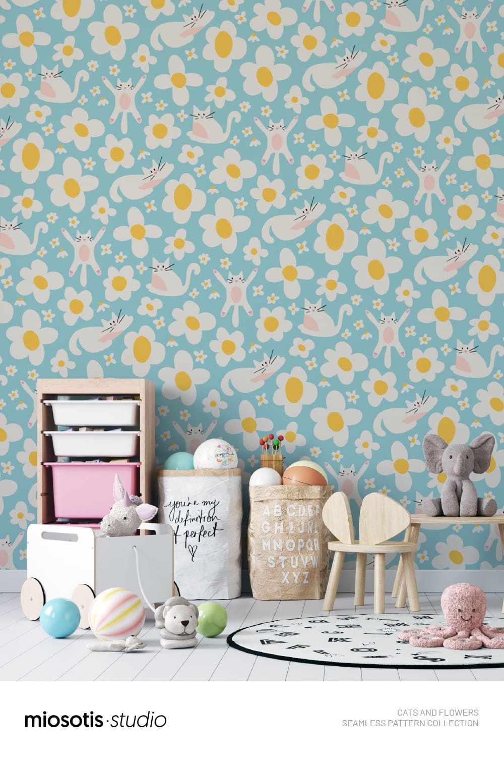 Children’s room featuring a playful cats and flowers wallpaper pattern in blue, yellow, pink and cream.