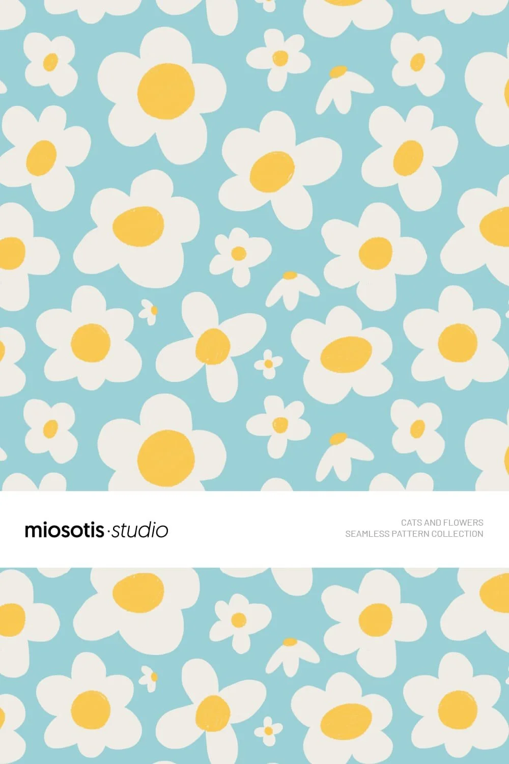 Seamless children’s pattern featuring white daisies with yellow centres on a soft blue background.