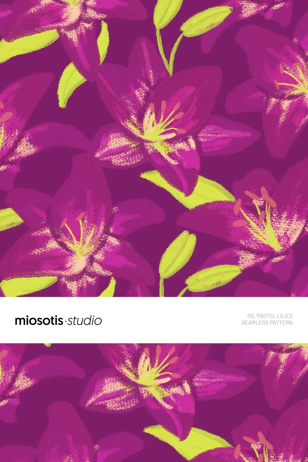 Bold oil pastel lily seamless pattern featuring expressive lilies on a rich violet background.