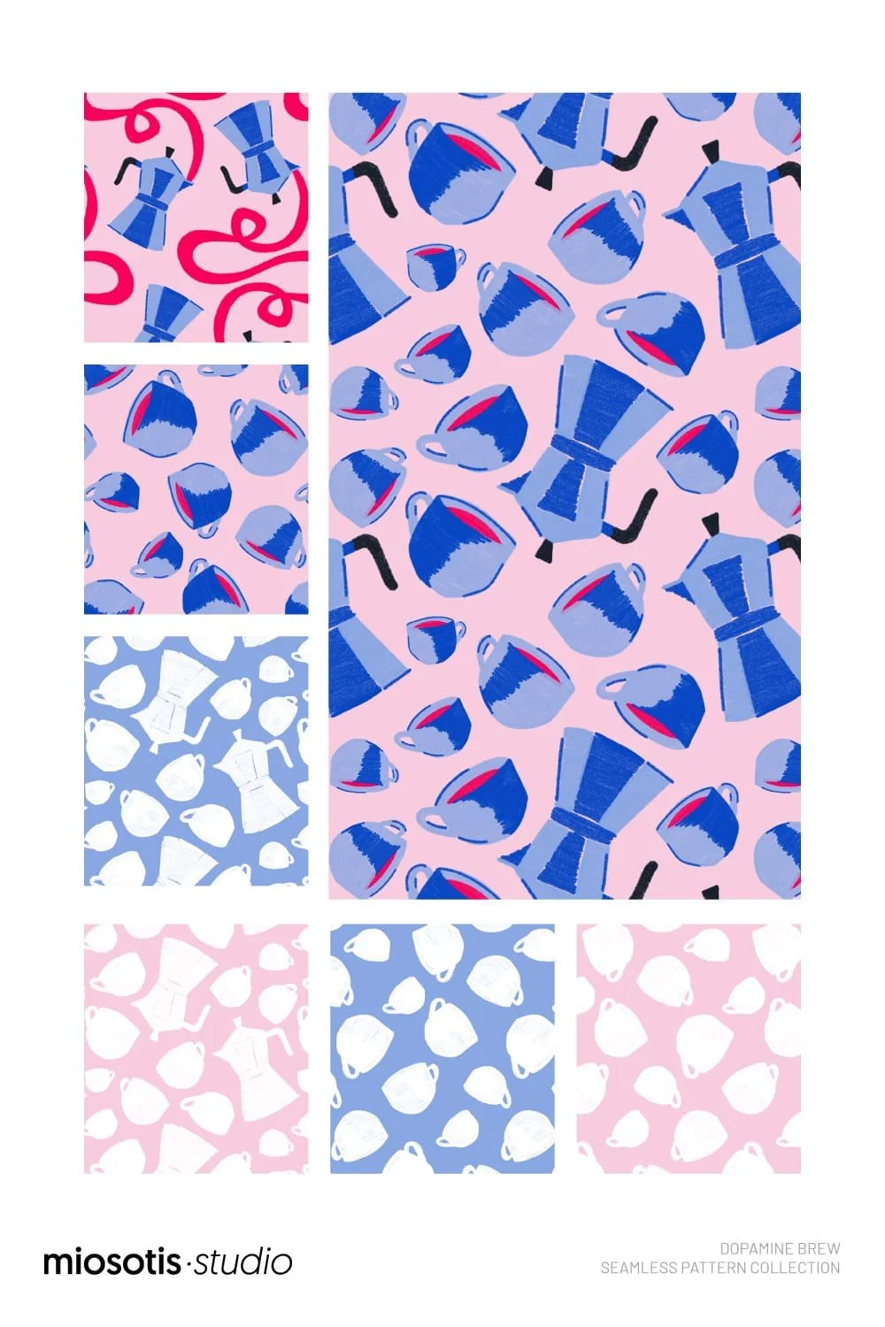 Dopamine Brew pattern collection sheet featuring tumbling coffee mugs and moka pots in pink and blue.