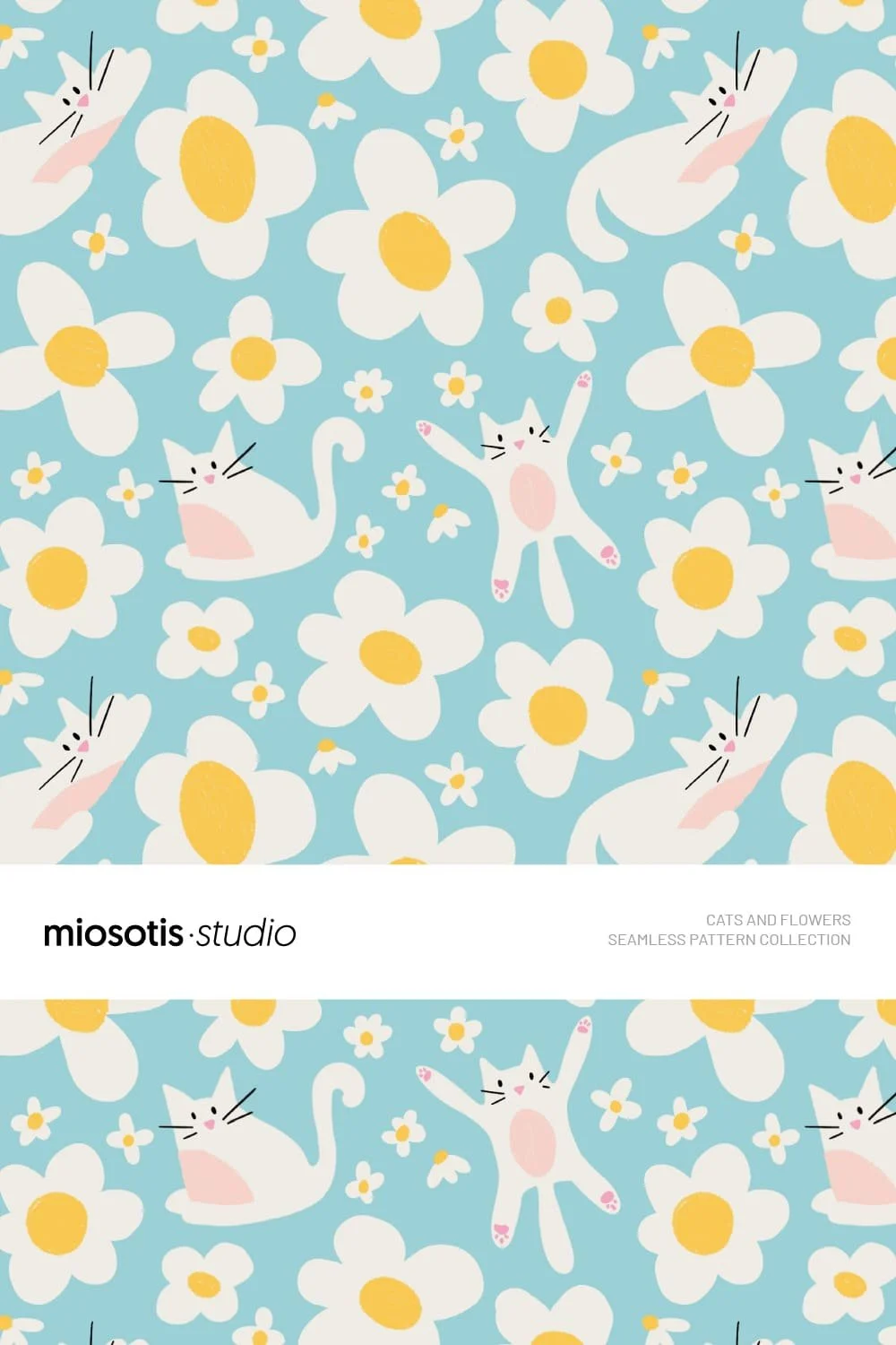 Seamless children’s pattern featuring playful cats and white daisies with yellow centres on a soft blue background.