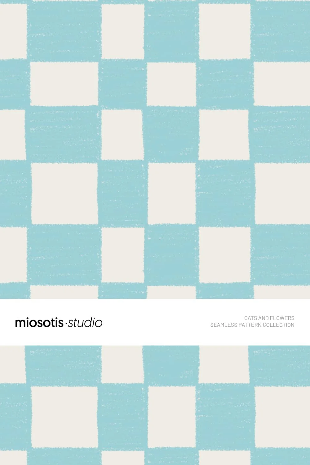 Hand-drawn gingham check seamless pattern in soft blue and cream, designed for children’s textiles and stationery.