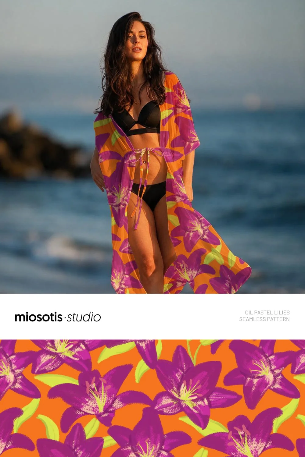 Woman wearing colourful beachwear featuring the bold oil pastel lilies pattern, showcasing the floral surface design.